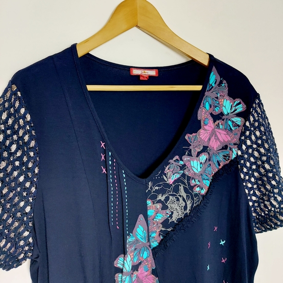 Joe Brown Navy Butterfly Pattern Lace Sleeve Frill Tunic Dress Size 20 - Picture 4 of 9